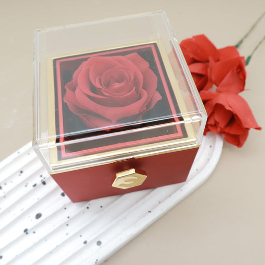 Preserved Real Rose Rotating Surprise Jewellery Box Red