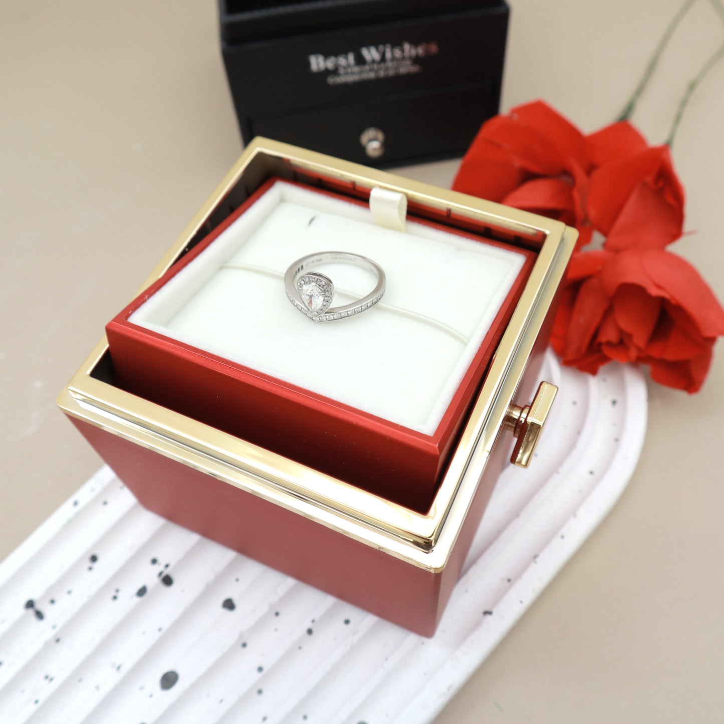 Preserved Real Rose Rotating Surprise Jewellery Box Red