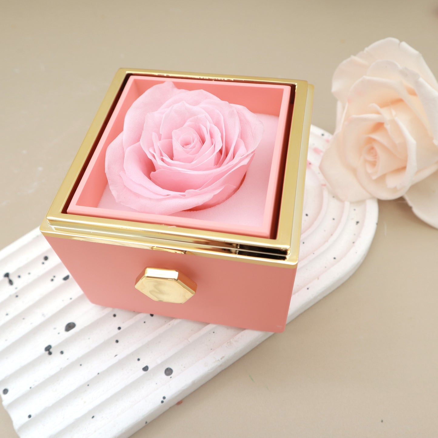 Preserved Real Rose Rotating Surprise Jewellery Box Pink