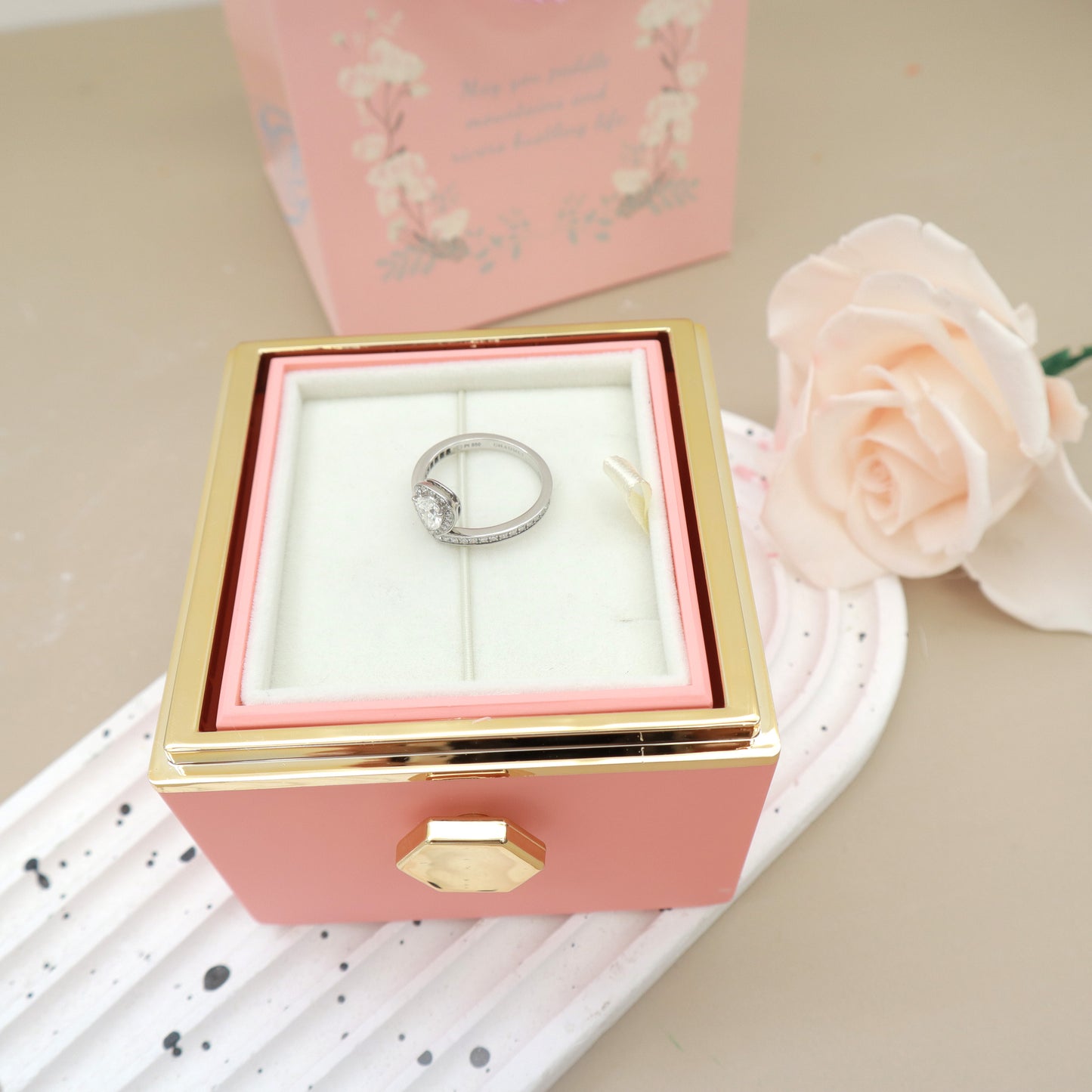 Preserved Real Rose Rotating Surprise Jewellery Box Pink