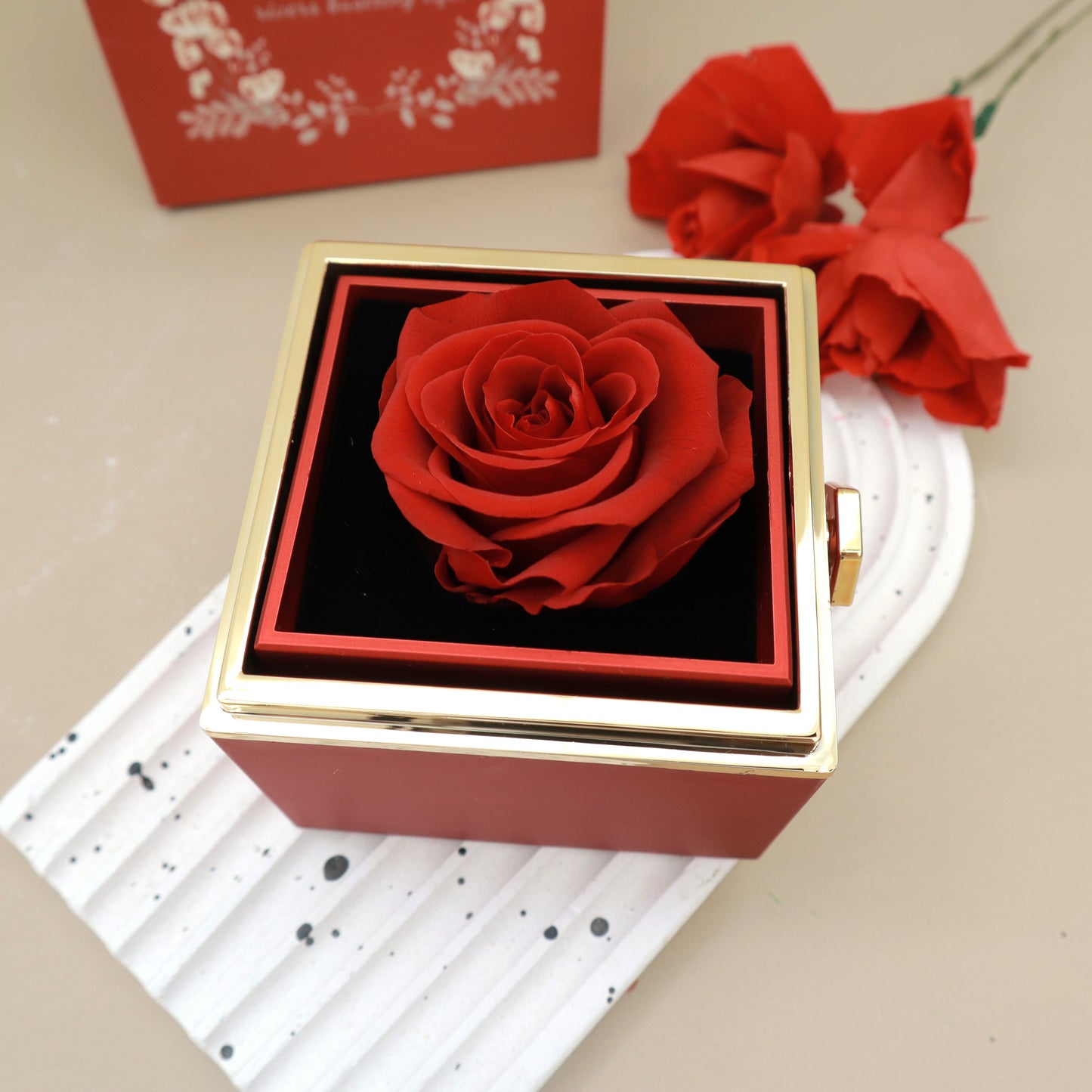 Preserved Real Rose Rotating Surprise Jewellery Box Red