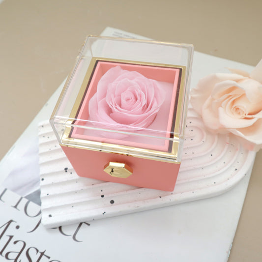 Preserved Real Rose Rotating Surprise Jewellery Box Pink