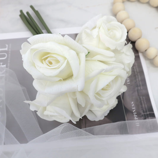 Artificial Real Touch Rose Bundle White 6 Stems