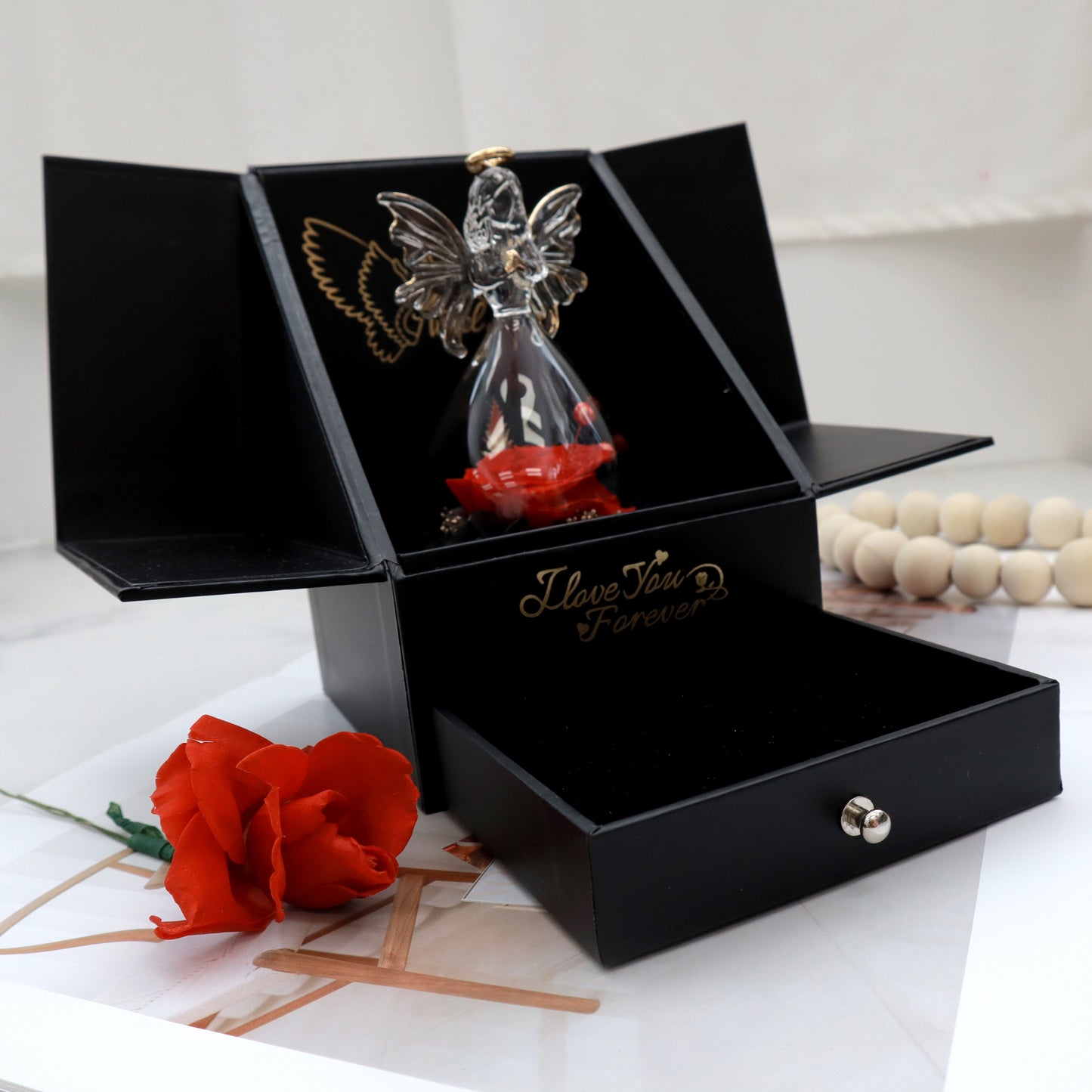 Preserved Real Rose Angel Jewellery Box