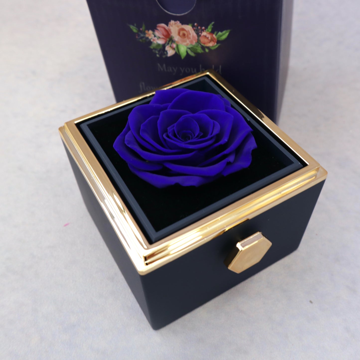 Preserved Real Rose Rotating Surprise Jewellery Box Blue