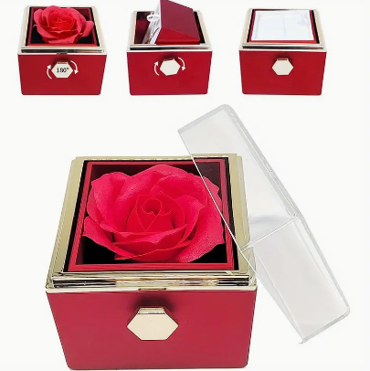 Preserved Real Rose Rotating Surprise Jewellery Box Red