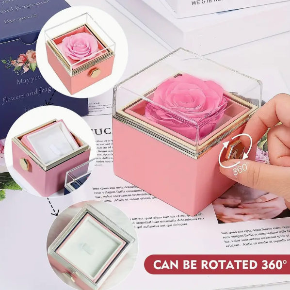 Preserved Real Rose Rotating Surprise Jewellery Box Pink